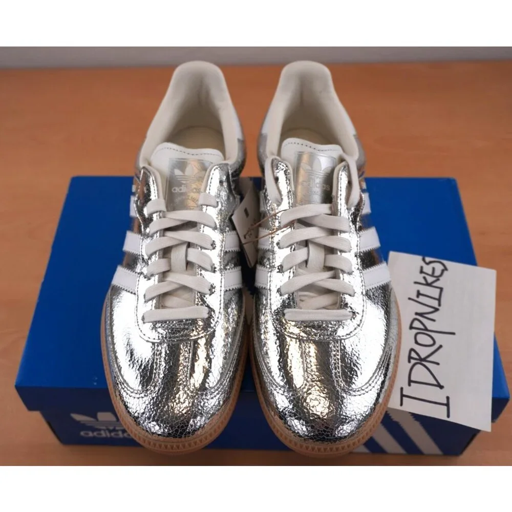Adidas Samba OG Silver Metallic Cracked Leather Women's Shoes - Picture 5 of 11